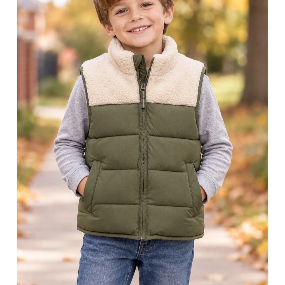 Cat & Jack Kids Green Sherpa Puffer Vest Size S 6/7 Colorblock Quilted Full Zip